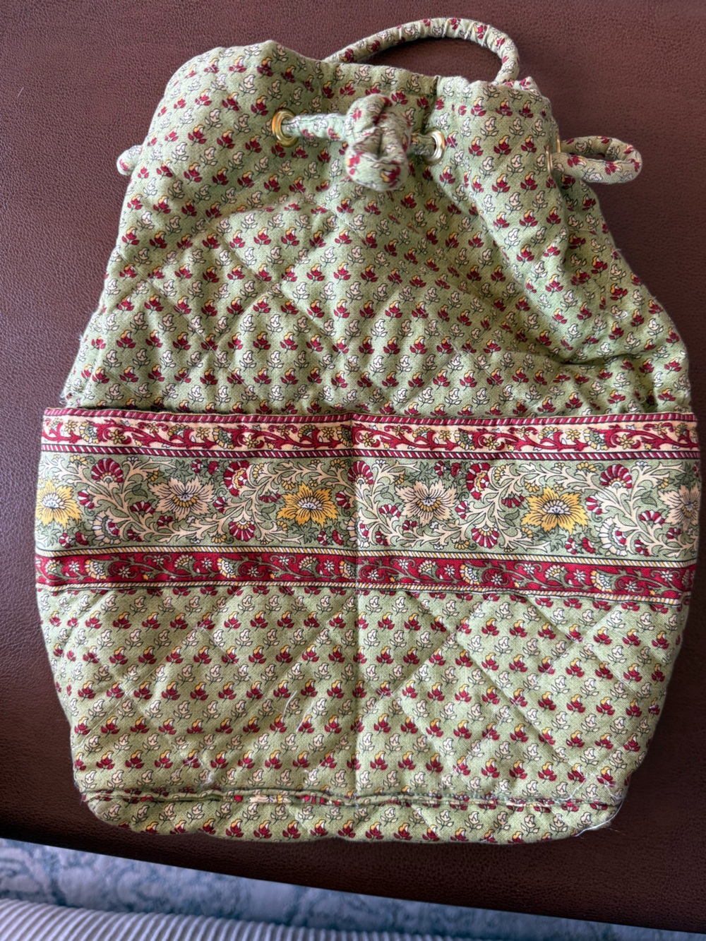 Quilted Floral Drawstring Backpack in Sage Green and Burgundy